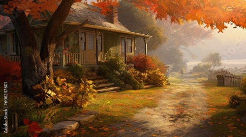 A Cabin in the Misty Morning with Autumn Leaves