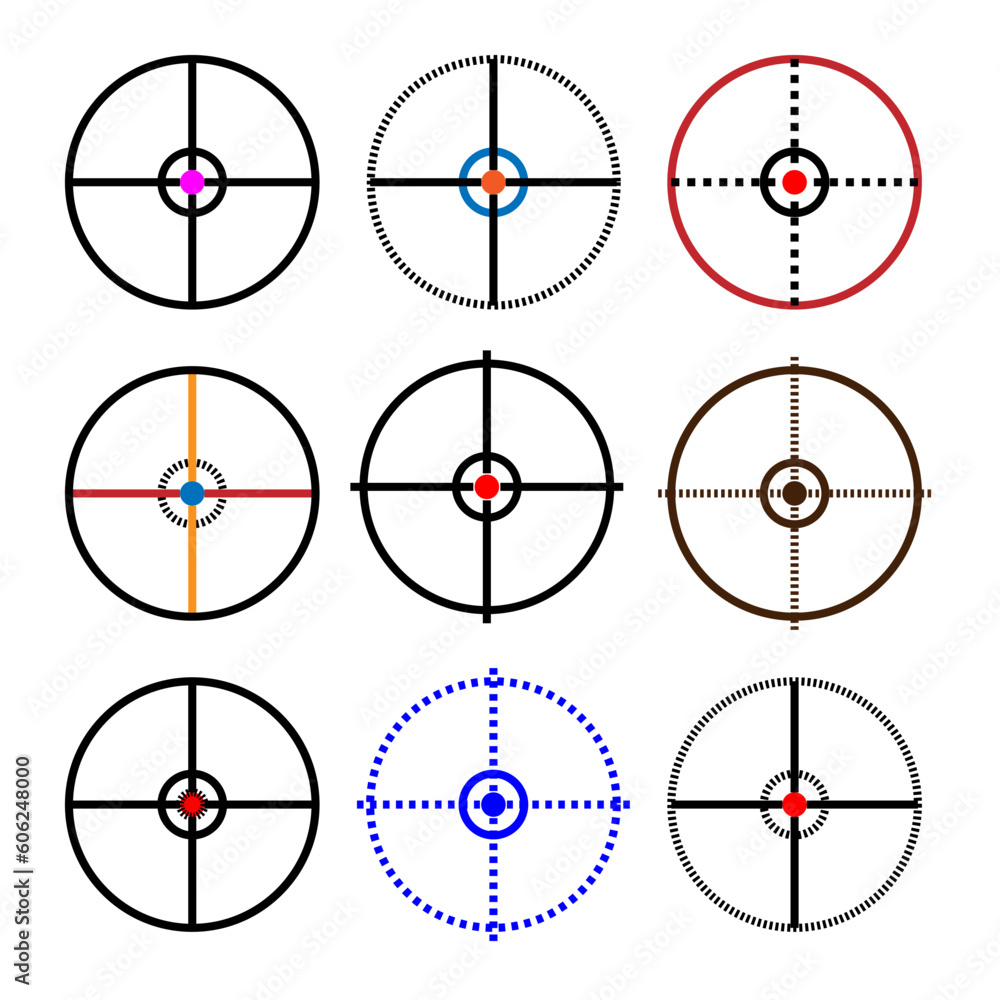Set of target aim icons. Set of sight gun vector icon. Modern target illustration of crosshair symbol for web design. Set of target aim icons. Set of sight gun vector icon. Modern target illustration of crosshair symbol for web design.