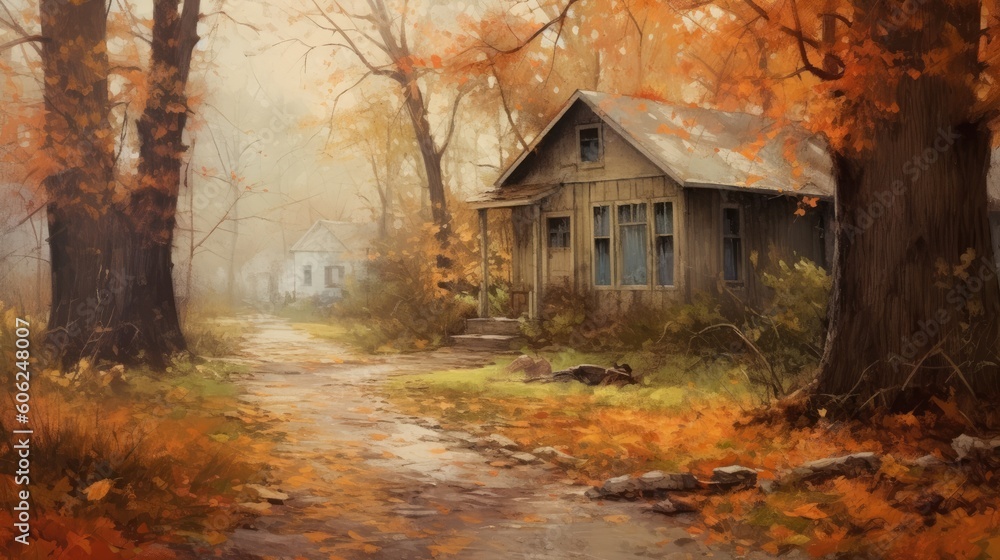 A Cabin in the Misty Morning with Autumn Leaves A Cabin in the Misty Morning with Autumn Leaves