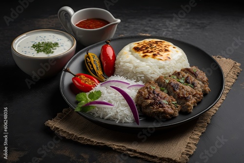 delicious and balanced plate of food with rice, meat and vegetables Generative AI