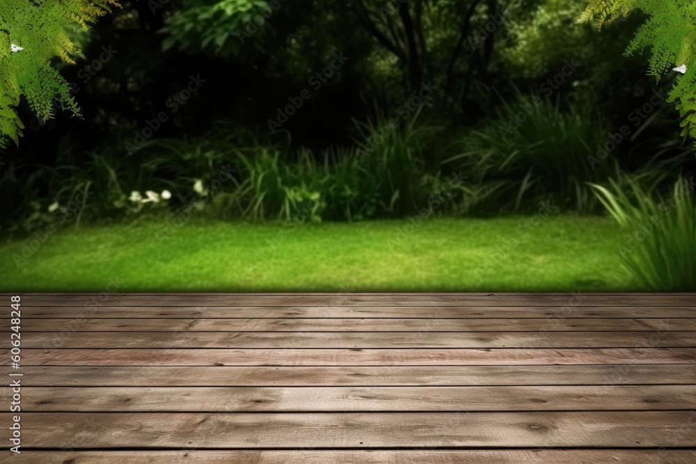 wooden floor with a background of green grass Generative AI wooden floor with a background of green grass Generative AI