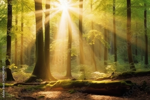 Sunlight filtering through the lush green trees in a peaceful forest Generative AI