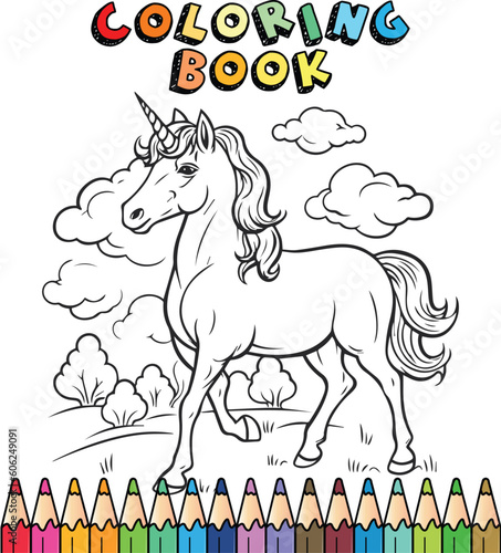 Cute cartoon unicorn. Coloring book page for children. Black and white outline illustration.