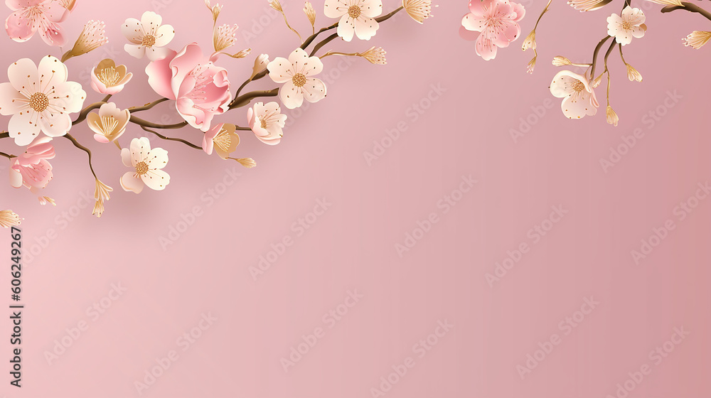 Minimalist sakura cherry blossom pink and gold greeting card. 