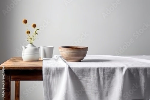 White kitchen tablecloth on a white background flat top view with copy space photo