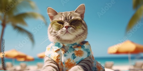 Cute Cat Reaxing on Tropical Beach Blue Sky Background. Generative AI