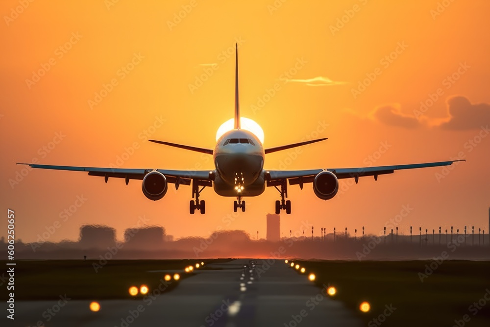 A large jetliner taking off from an airport runway at sunset or dawn with the landing gear down and the landing gear down, as the plane is about to take off. generative ai