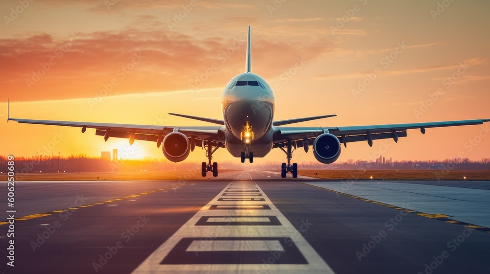 A large jetliner taking off from an airport runway at sunset or dawn with the landing gear down and the landing gear down, as the plane is about to take off. generative ai A large jetliner taking off from an airport runway at sunset or dawn with the landing gear down and the landing gear down, as the plane is about to take off. generative ai