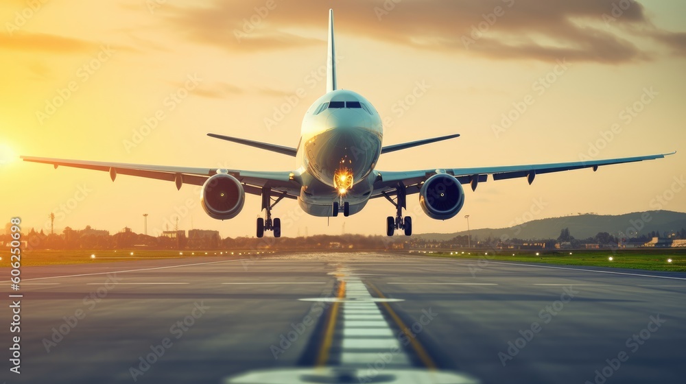 A large jetliner taking off from an airport runway at sunset or dawn with the landing gear down and the landing gear down, as the plane is about to take off. generative ai A large jetliner taking off from an airport runway at sunset or dawn with the landing gear down and the landing gear down, as the plane is about to take off. generative ai