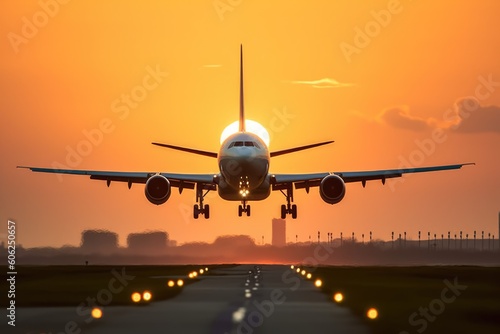 A large jetliner taking off from an airport runway at sunset or dawn with the landing gear down and the landing gear down, as the plane is about to take off. generative ai