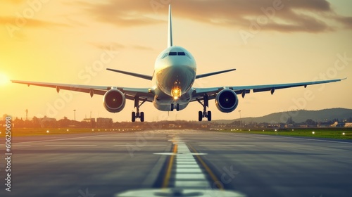 A large jetliner taking off from an airport runway at sunset or dawn with the landing gear down and the landing gear down, as the plane is about to take off. generative ai