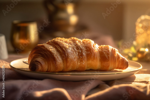 Traditional french breakfast with croissants, jam, butter, yogurt, fruits juice and coffee. Morning warm light background. AI Generative