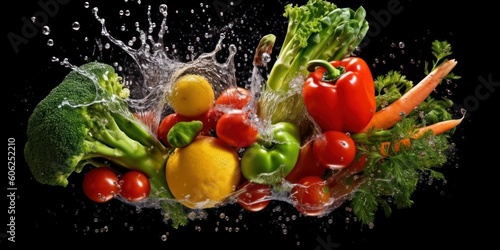 Vegetables with Water Splash on Dark Background  Diet Food for Nutrition and Digestion. Generative Ai
