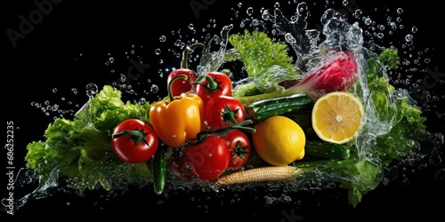 Vegetables with Water Splash on Dark Background  Diet Food for Nutrition and Digestion. Generative Ai