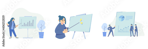 Coach at Business Seminar speaking to Public. Audience at Meeting listening Presentation. People Characters Learning. Business Training and Education Concept. Flat Cartoon Vector Illustration. 