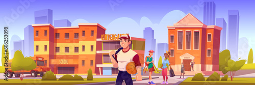 School building on town street vector background. City college and university house exterior with student scene illustration. Kindergarten architecture and happy teacher walk near campus playground.
