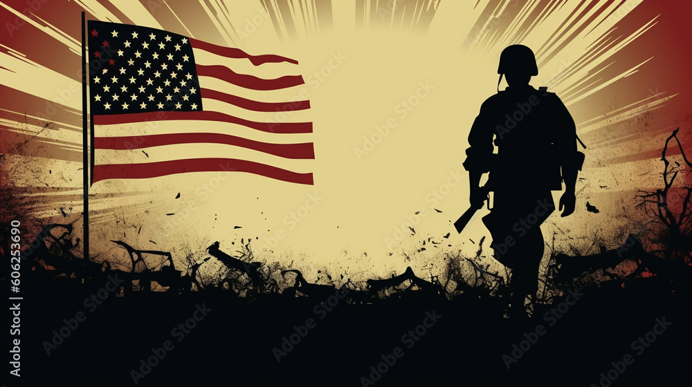 American Military Soldier on Retro Flag Background - Patriotic Theme for Memorial Day, Veterans Day, or 4th of July - Generative AI