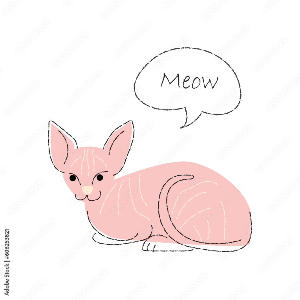 Sphynx cat . Cute cartoon characters . Flat shape and line stroke design . Vector illustration .