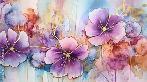 watercolor flowers with alcohol ink texture. 