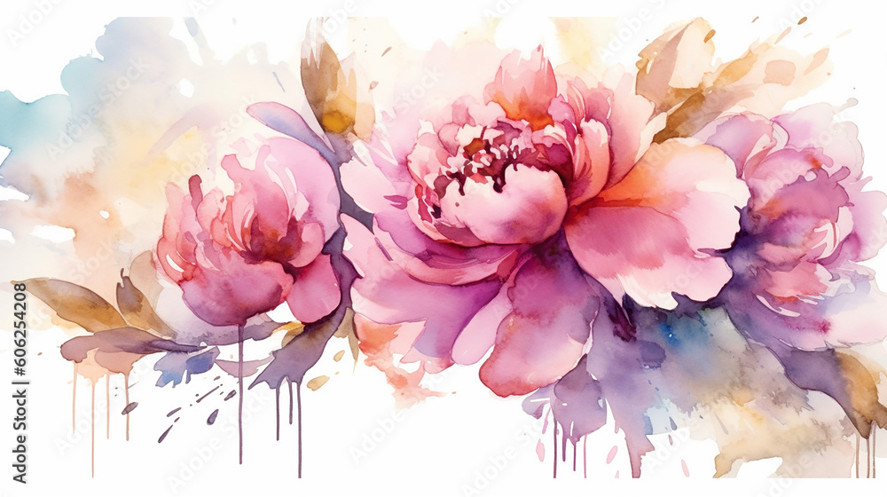Watercolor peonies with beautiful pink golden alcohol ink. 