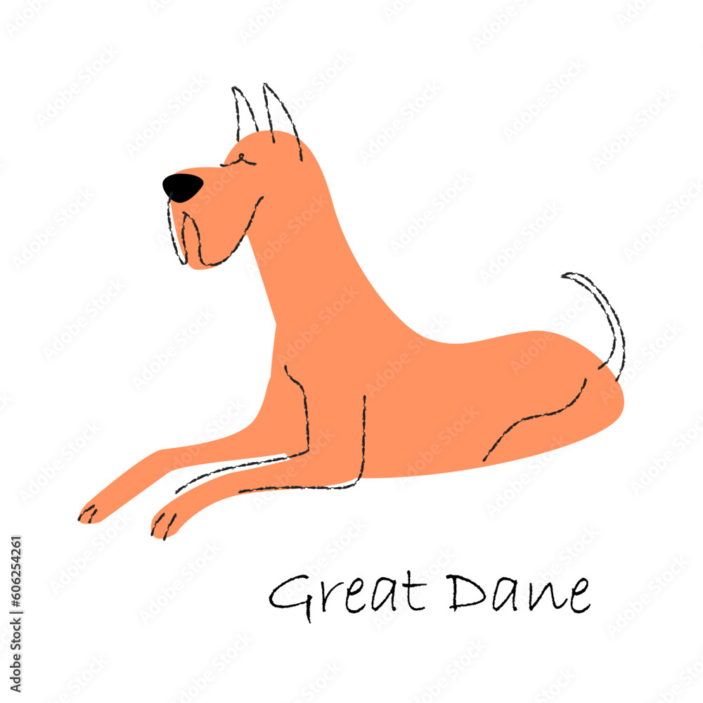 Great dane . Cute dog cartoon characters . Flat shape and line stroke design . Vector illustration . - obrazy, fototapety, plakaty 