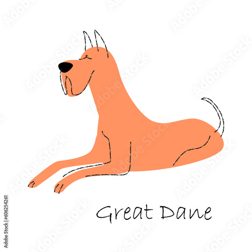 Great dane . Cute dog cartoon characters . Flat shape and line stroke design . Vector illustration .