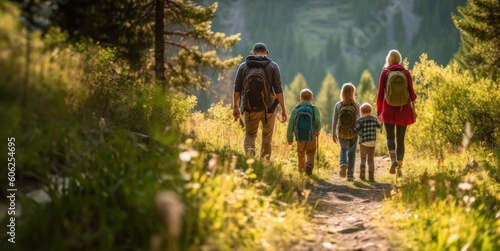 View from behind of a family hiking through a forest clearing, embodying adventure, nature, togetherness, and a shared passion for camping, generative ai