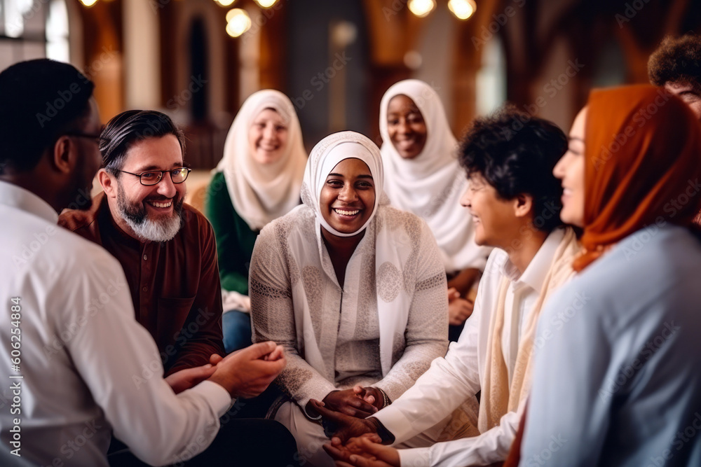 Image of an interfaith dialogue demonstrating respect and understanding among diverse religions. The scene embodies community togetherness and the essence of humanity, generative ai - obrazy, fototapety, plakaty 