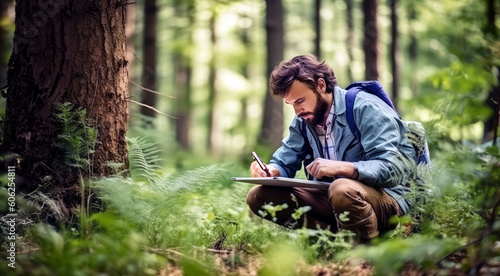 An environmental conservation surveyor in the forest, diligently recording data as part of field research, showcasing commitment to preserving nature and sustainability, generative ai photo