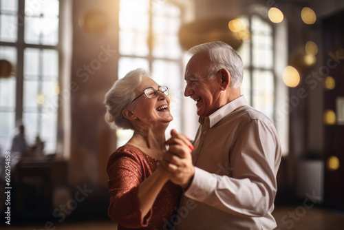 Image of a senior couple dancing, embodying love, vitality, and spontaneity. The scene underscores the freedom and enjoyment of life in retirement, reflecting active aging, generative ai photo