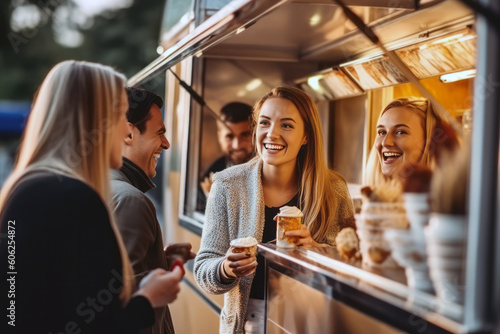 Candid shot of a diverse group of friends laughing and socializing outside a food truck during a summer outing, capturing a moment of joyful camaraderie, generative AI photo