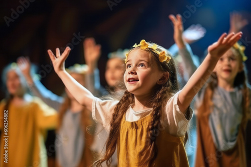 Candid shot of children performing in a community theater production, showcasing their talent and creativity. The image reflects the innocence of young performers, generative ai photo