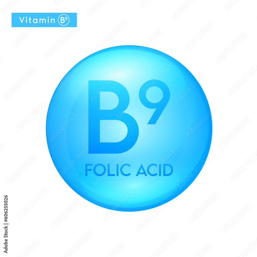 Vitamin B9 (Folic Acid) blue icon 3D. Essential multivitamin supplement. Beauty nutrition skincare. Pill capsule vitamins complex. For cosmetic product design. Medical concept. Vector. Vitamin B9 (Folic Acid) blue icon 3D. Essential multivitamin supplement. Beauty nutrition skincare. Pill capsule vitamins complex. For cosmetic product design. Medical concept. Vector.