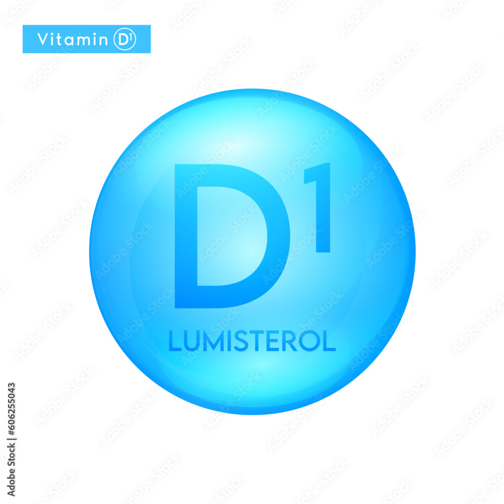 Vitamin D1 (Lumisterol) blue icon 3D. Essential multivitamin supplement. Beauty nutrition skincare. Pill capsule vitamins complex. For cosmetic product design. Medical concept. Vector. Vitamin D1 (Lumisterol) blue icon 3D. Essential multivitamin supplement. Beauty nutrition skincare. Pill capsule vitamins complex. For cosmetic product design. Medical concept. Vector.