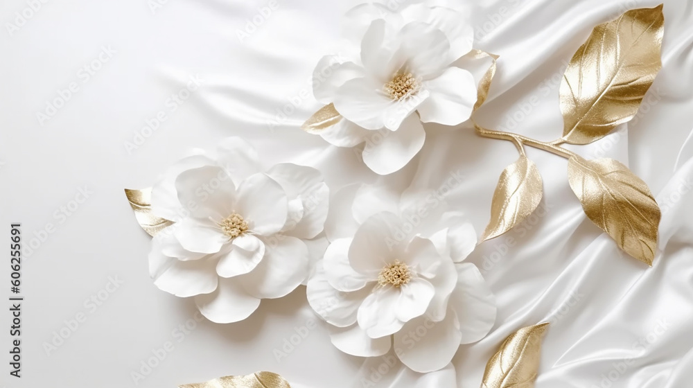 White gold flowers and leaves on white linen texture. White gold flowers and leaves on white linen texture.