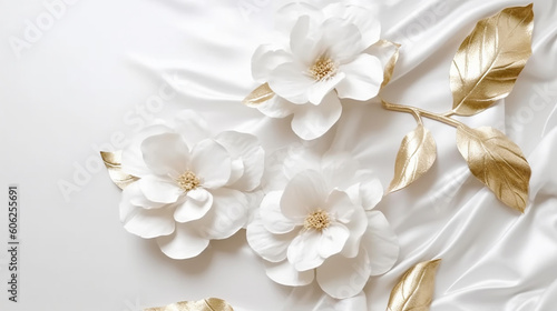 White gold flowers and leaves on white linen texture. 