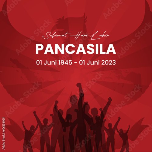 Happy Pancasila Day Illustration. Translation: June 01, 1945-June 01, 2023 Happy Pancasila day. Suitable for greeting card, poster and banner. photo