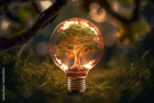 Glühbirne mit Baum die leuchtet , Hintergrund Wald, Light bulb with tree that glows, background forest,