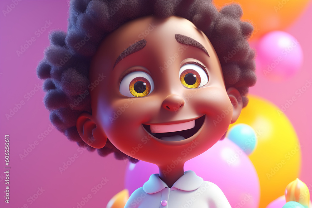 Portrait of a cheerful joyful African American boy on holiday. Funny black child, children's birthday. Volumetric doodle illustration of Generative AI Portrait of a cheerful joyful African American boy on holiday. Funny black child, children's birthday. Volumetric doodle illustration of Generative AI