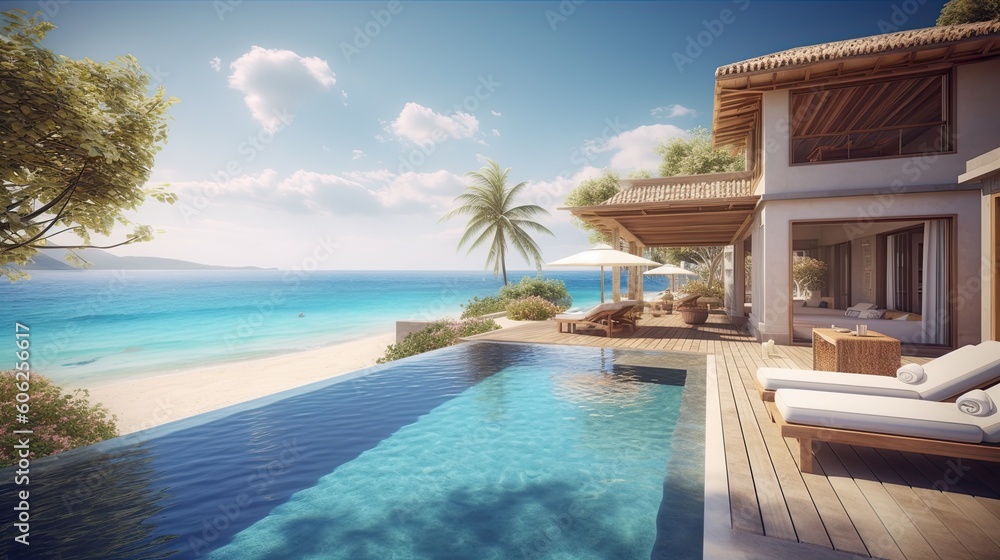 illustration of pool and villa resort or beach house. sun loungers on Sunbathing deck and private swimming pool with sea view at luxury villa resort