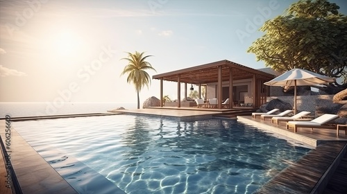 illustration of pool and villa resort or beach house. sun loungers on Sunbathing deck and private swimming pool with sea view at luxury villa resort