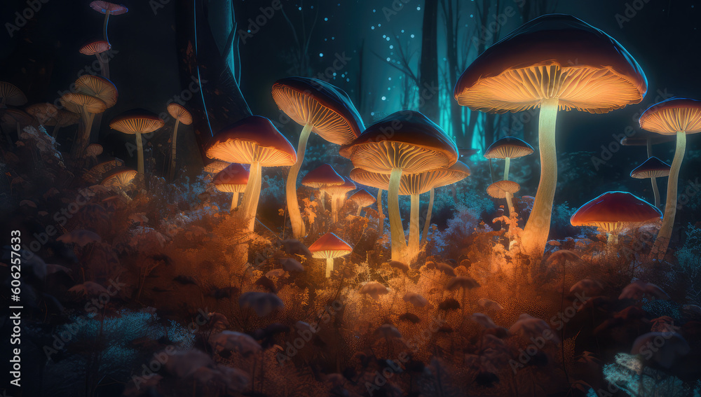 a mushroom forest with some colorful mushrooms, generative AI