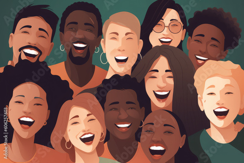 A group of diverse people smiling and laughing together. Comedy and joke, generative AI