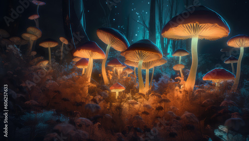 a mushroom forest with some colorful mushrooms, generative AI © Kien