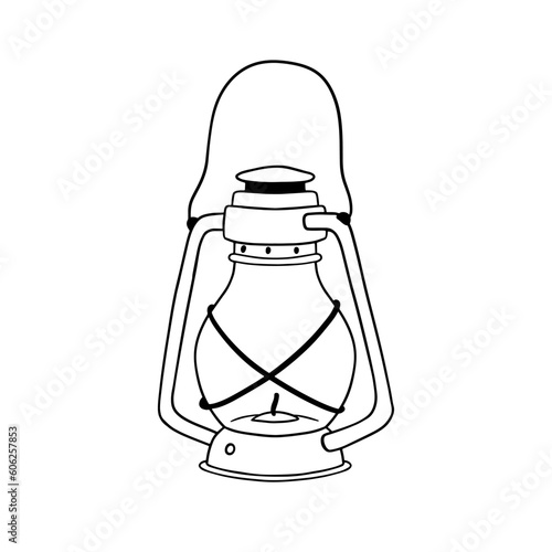 Camping lamp with wick. Outline clipart isolated on white. Nautical line sketch