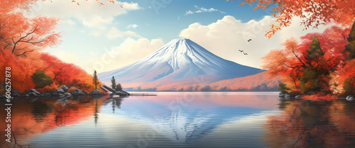 lake fuji and a mountain reflecting from autumn leaves, generative AI