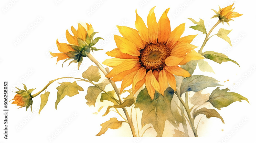 Naklejka premium Hand drawn watercolor sun flower background card on white background. Generative AI