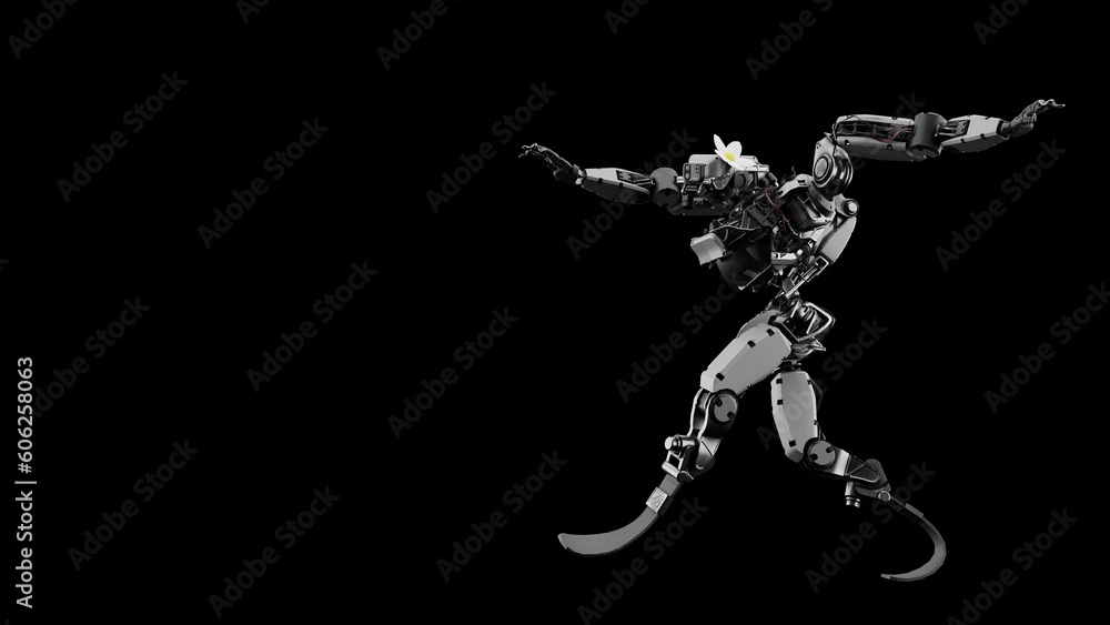 robots dancing, disco cyborgs, flower in head, synchronous movement, isolated, background for music robots dancing, disco cyborgs, flower in head, synchronous movement, isolated, background for music