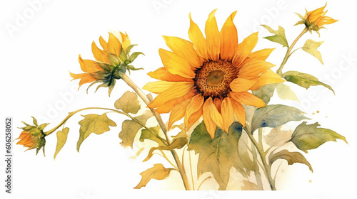 Hand drawn watercolor sun flower background card on white background. Generative AI