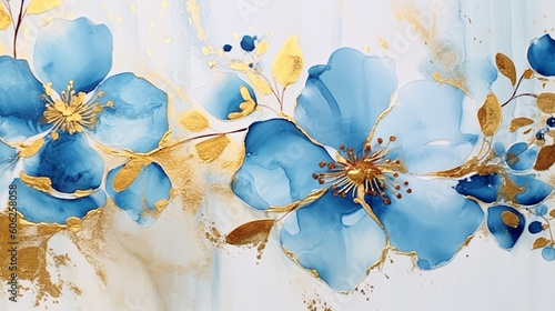 Fototapeta Naklejka Na Ścianę i Meble -  Handmade watercolor alcohol inks flowers with blue and gold. Generative AI